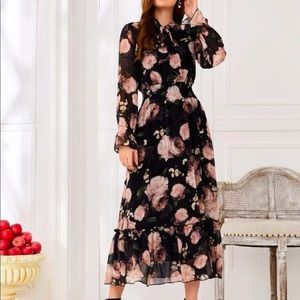 Floral Print Tie Neck Shirred Waist Dress